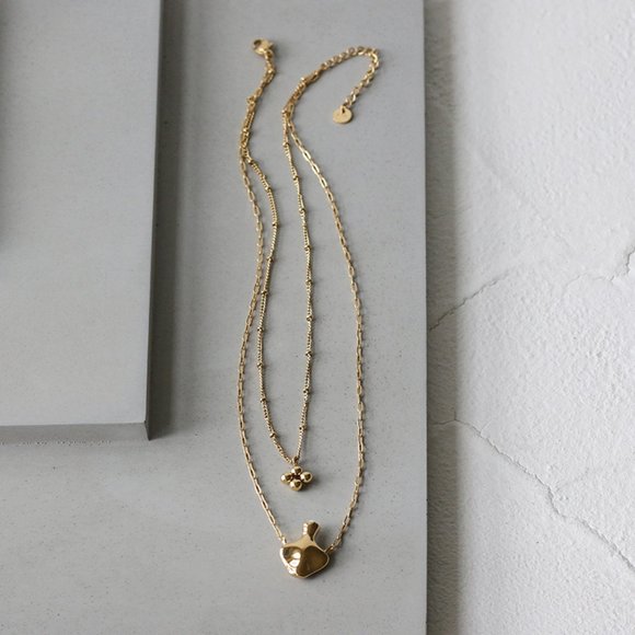 NEW 18K Gold Plated Bead Clover Pearl Flower Vase Double Layer Chain Necklace - Picture 7 of 12